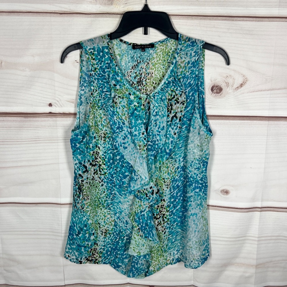 Violet & Claire Top Womens Medium Blue Abstract Print Blouse Sleeveless Ruffles